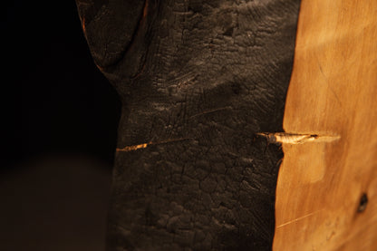 Extreme close-up of a small stabilized crack extending from the dark charred border into smooth golden architectural grain.    
