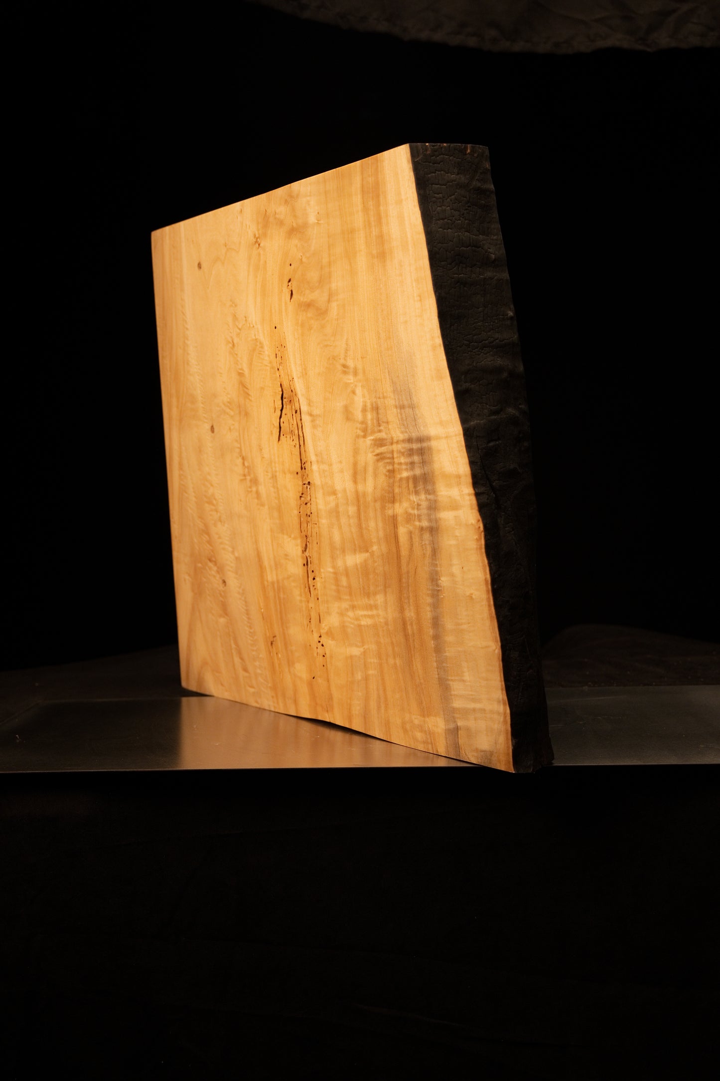 Angled perspective of a biophilic structural element contrasting a smooth polished face with a deeply charred botanical edge.  