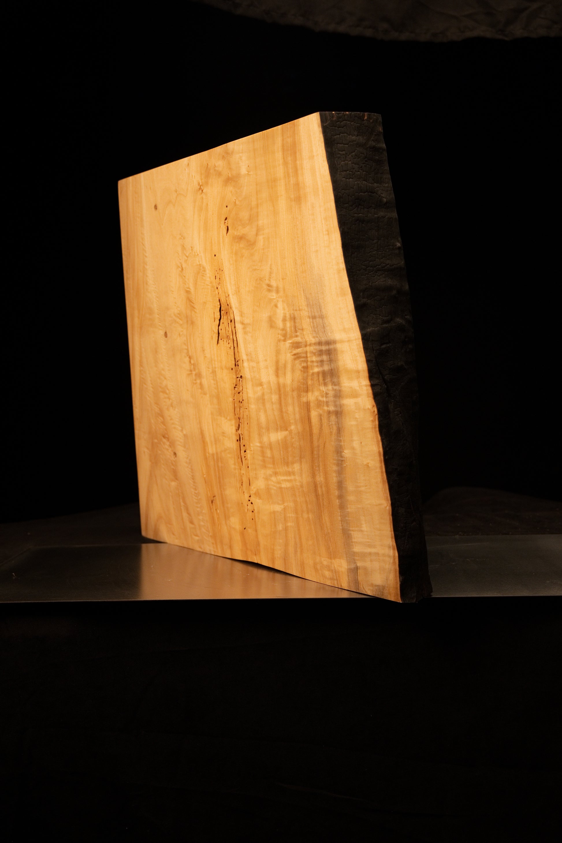 Angled perspective of a biophilic structural element contrasting a smooth polished face with a deeply charred botanical edge.  