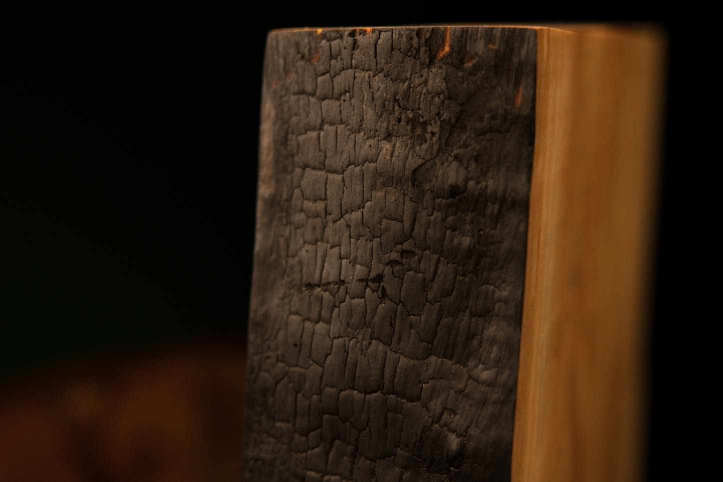 Extreme macro photography of the deeply charred and heavily textured botanical side edge on an epoxy-free structural block.  