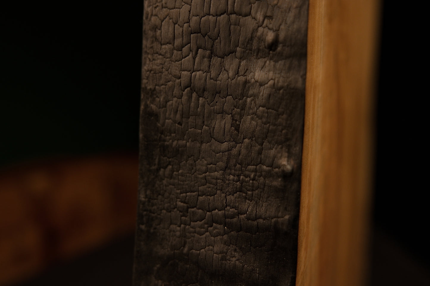 Full profile of the thick charred organic side on a highly stabilized biophilic wood piece showing true architectural mass.  