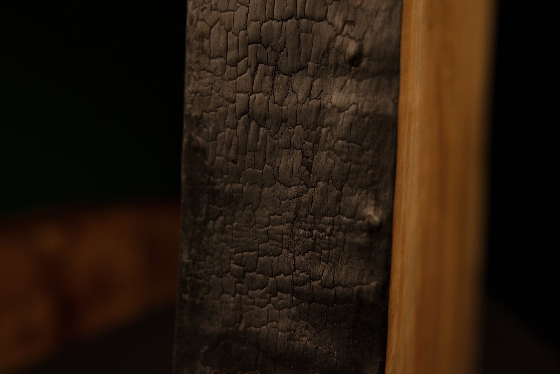 Full profile of the thick charred organic side on a highly stabilized biophilic wood piece showing true architectural mass.  