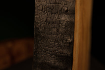 Full profile of the thick charred organic side on a highly stabilized biophilic wood piece showing true architectural mass.  