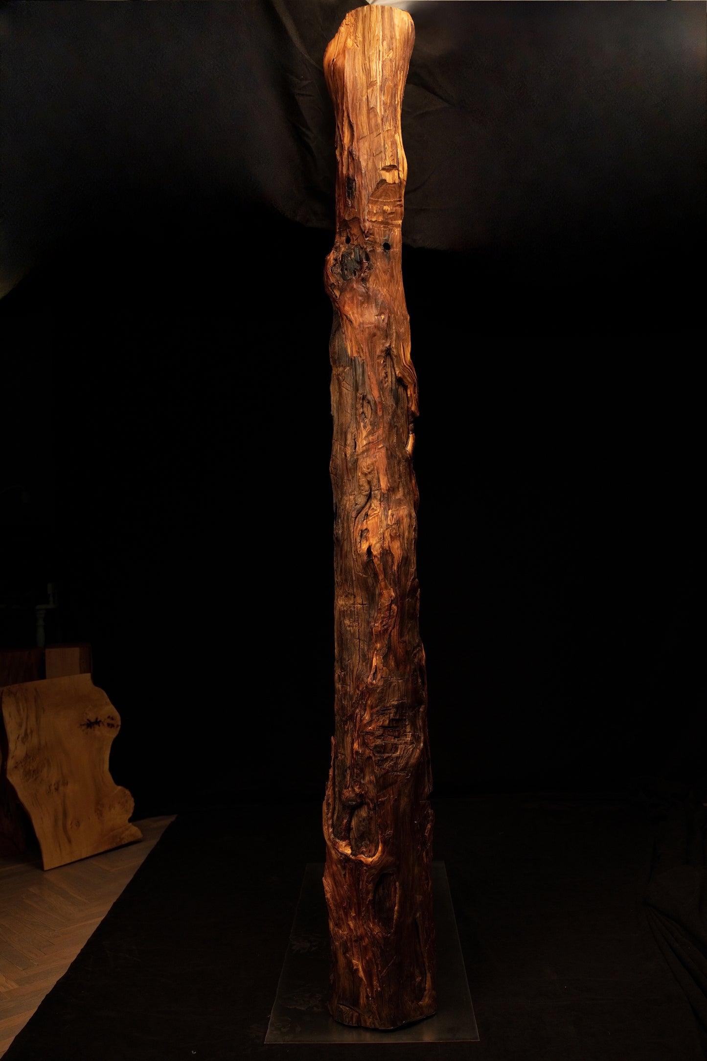 Full vertical profile of a slender biophilic wooden monolith showcasing rough organic textures and a dark background setting. 