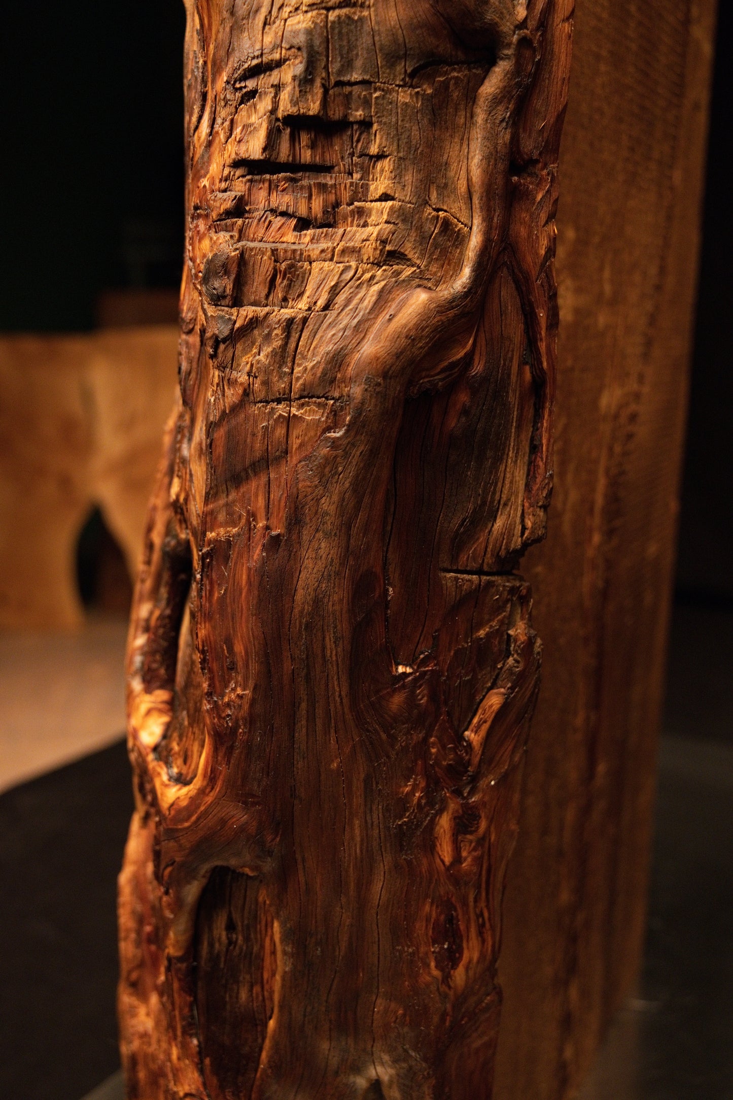 Extreme close-up of intricate swirling wood grain and deep natural fissures on a historic Transylvanian architectural column. 