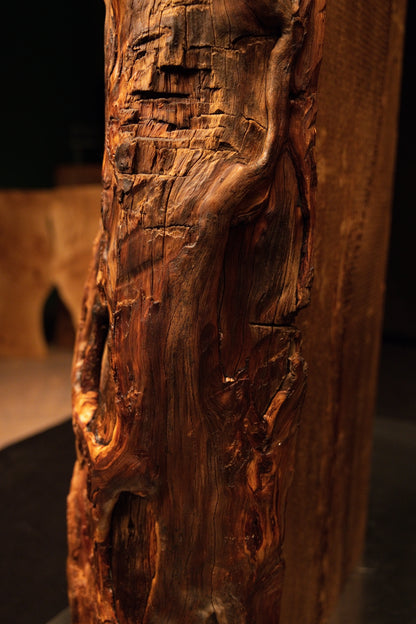 Extreme close-up of intricate swirling wood grain and deep natural fissures on a historic Transylvanian architectural column. 