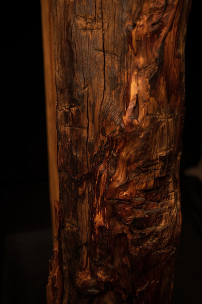 Extreme macro of dense swirling wood grain and dark organic crevices on a perfectly preserved historical timber installation. 