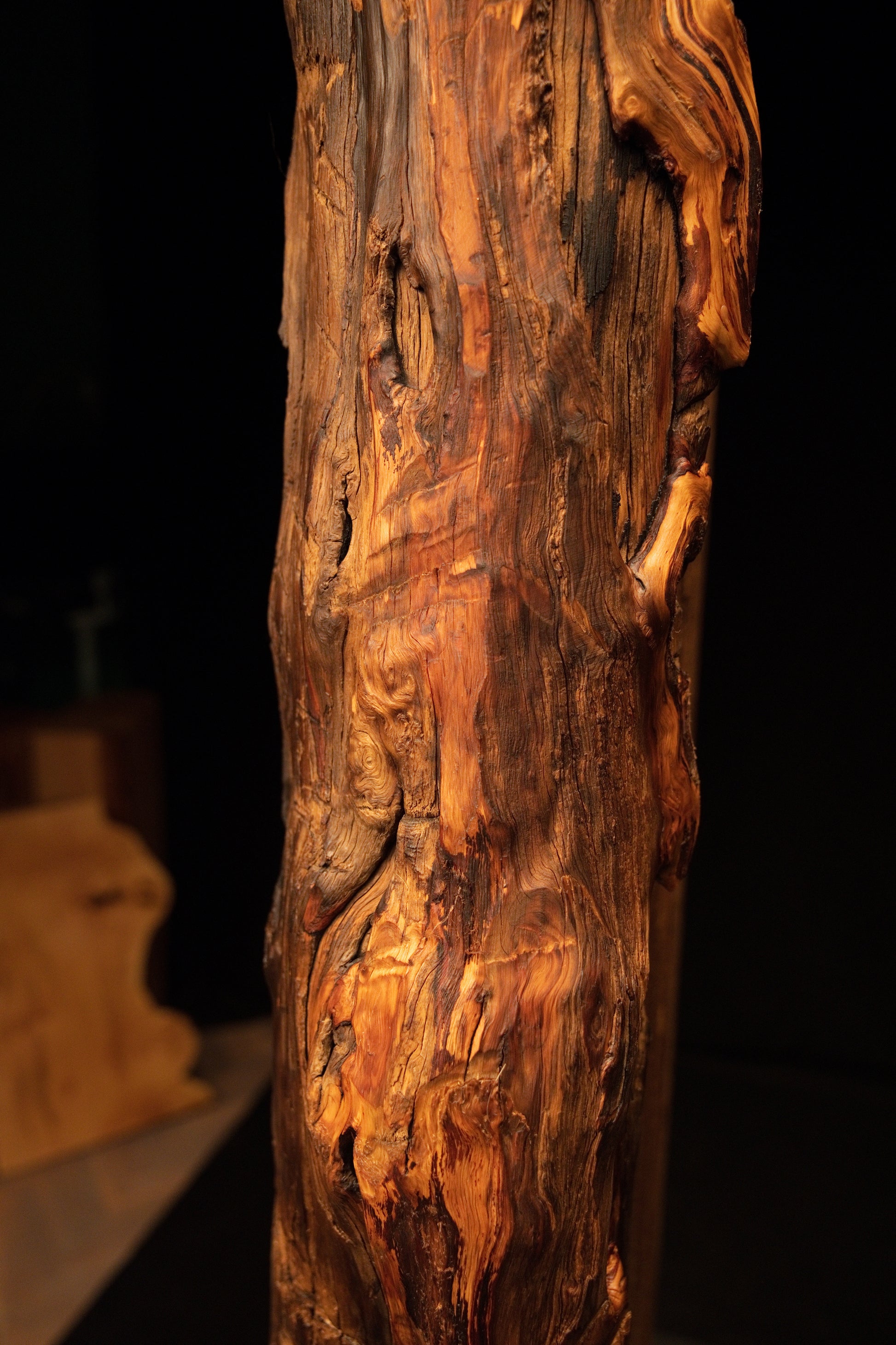 Upper profile detail of an epoxy-free wooden centerpiece revealing highly textured sweeping grain and deep structural voids. 