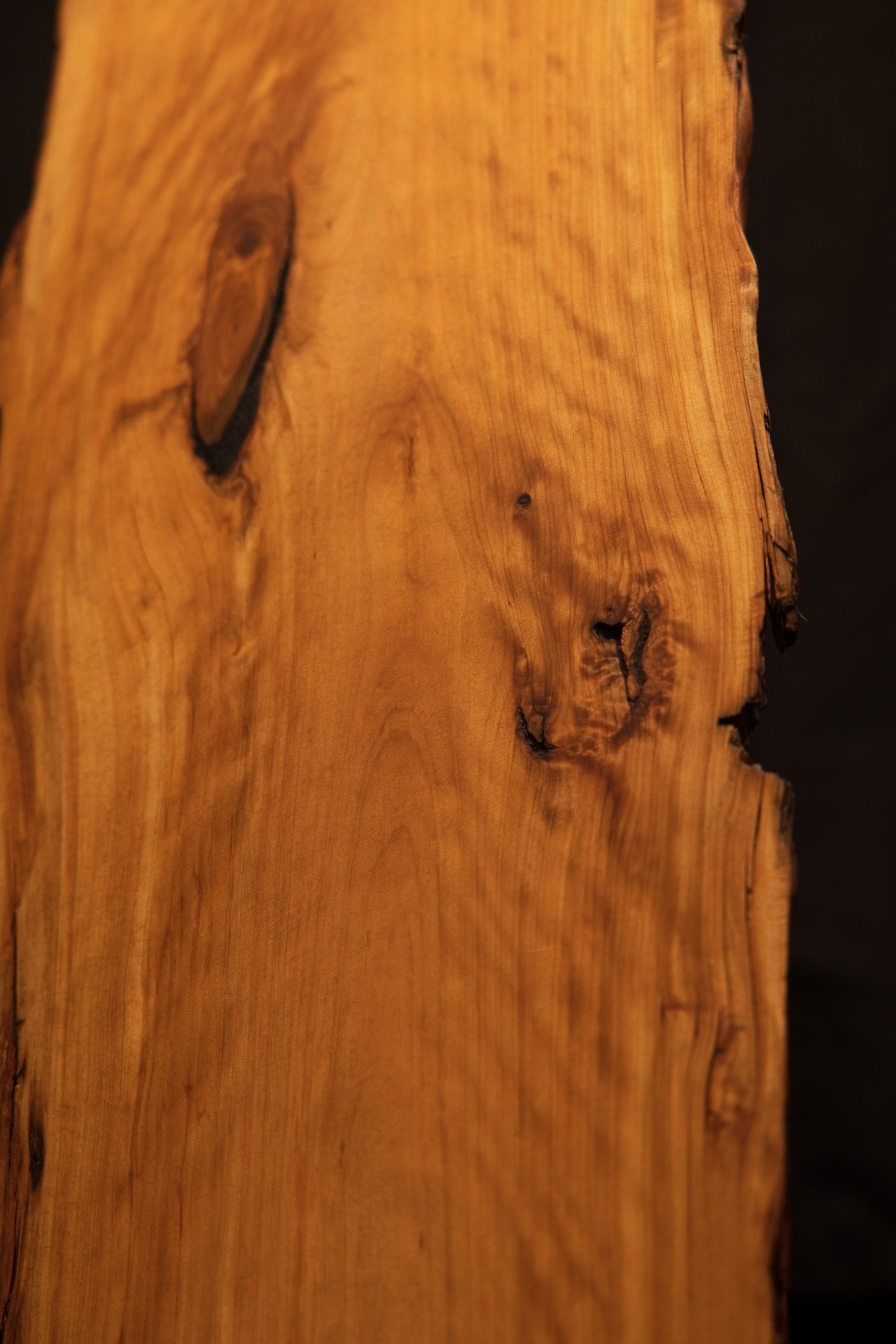 Close-up of smooth flowing grain suddenly interrupted by a dark organic knot and deep vertical fissures on a structural log. 