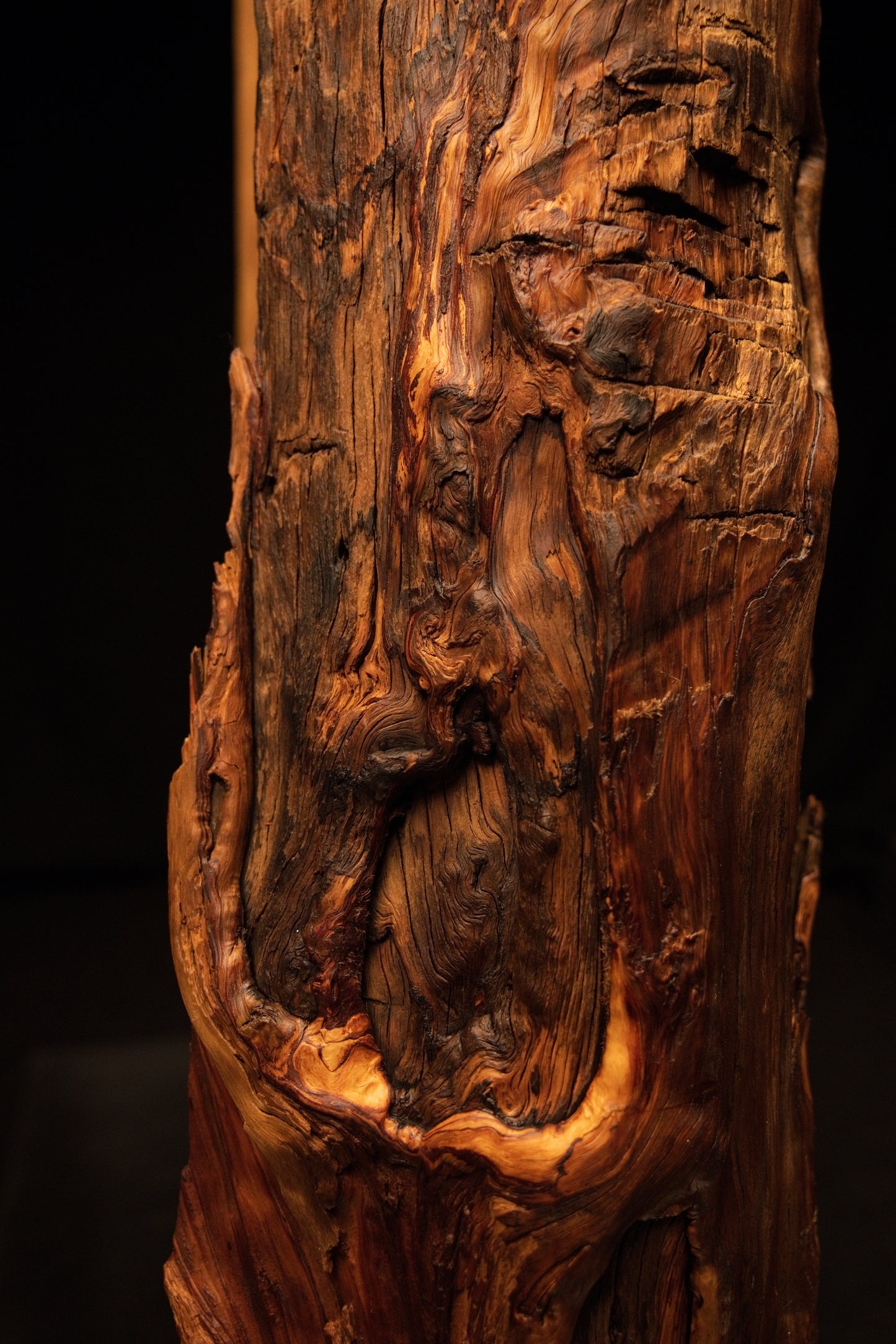 Macro perspective of a deep vertical dark void surrounded by smooth flowing golden wood grain on a historic structural piece. 