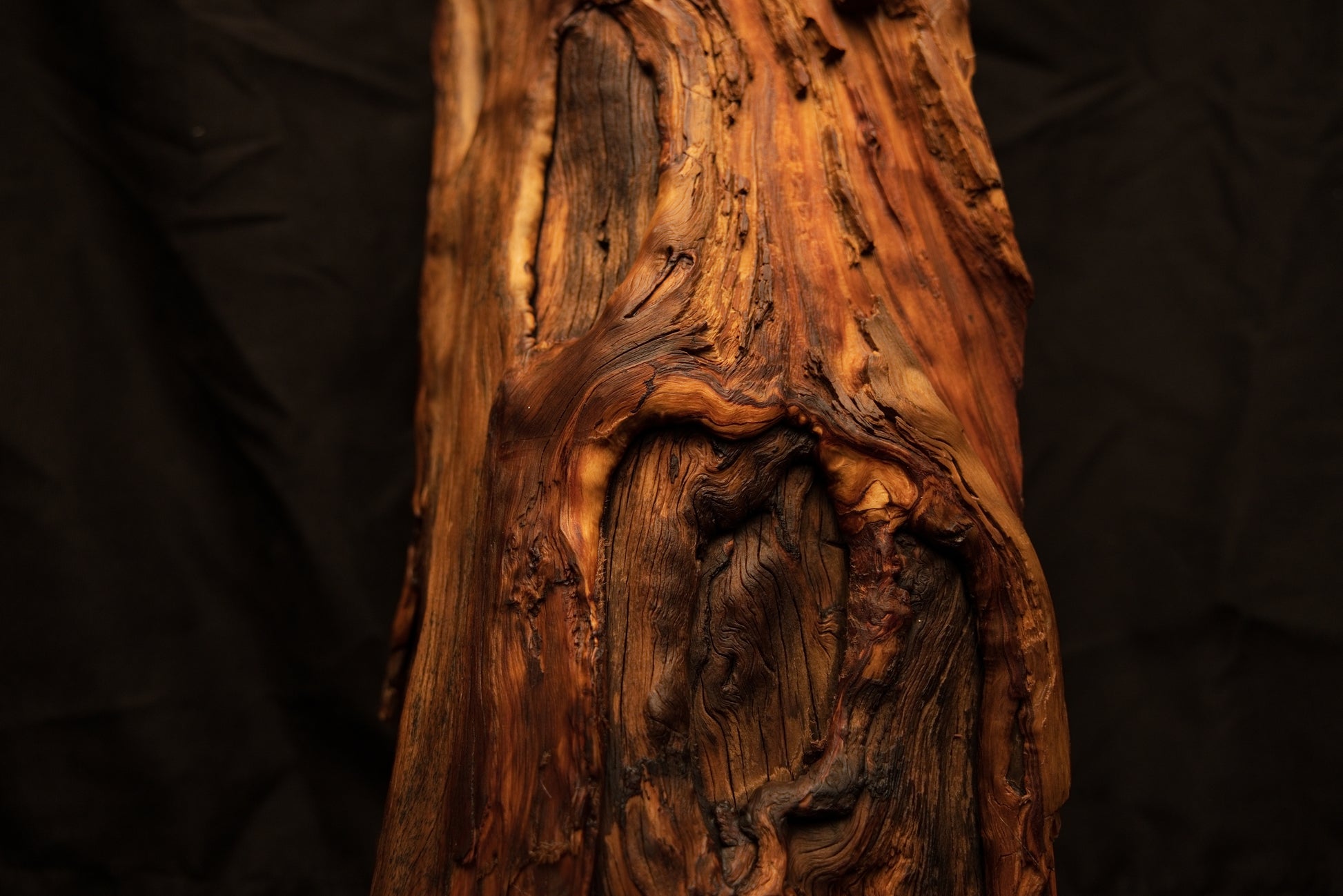 Macro perspective of a complex swirling wood knot and deep dark recesses on the face of a structural wooden column. 