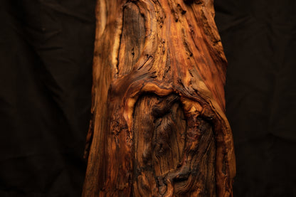 Macro perspective of a complex swirling wood knot and deep dark recesses on the face of a structural wooden column. 
