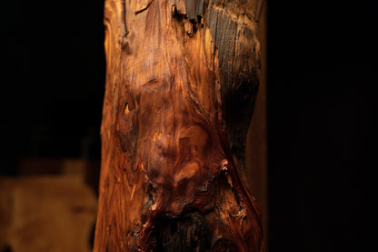 Detailed macro of sweeping reddish-brown wood grain flowing gracefully above a deep dark lower cavity. 
