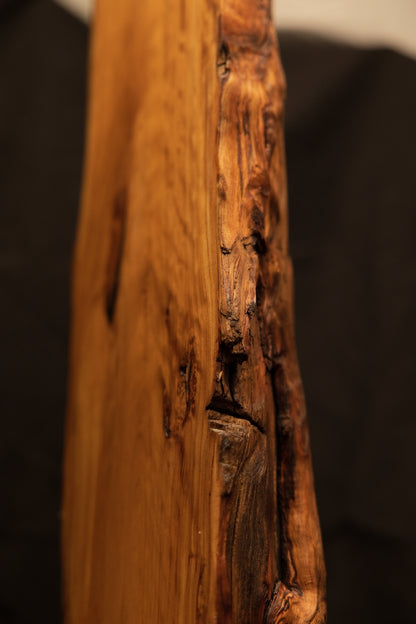 Angled side profile of a deeply grooved architectural wood monolith revealing a distinct horizontal organic notch. 