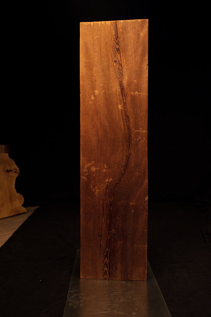Straight frontal perspective of a tall floor-heating compatible wooden slab showcasing tight vertical grain and a flat top cut. 