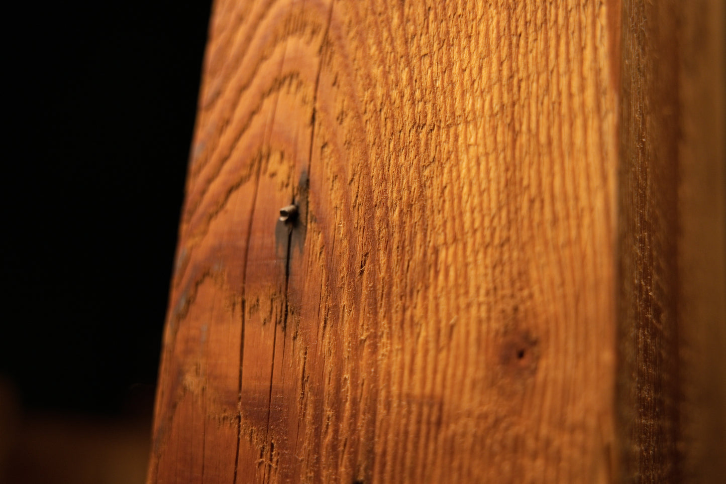 Extreme macro of a dark historic nail void embedded in the deeply ridged vertical grain of a climate-stable architectural beam. 