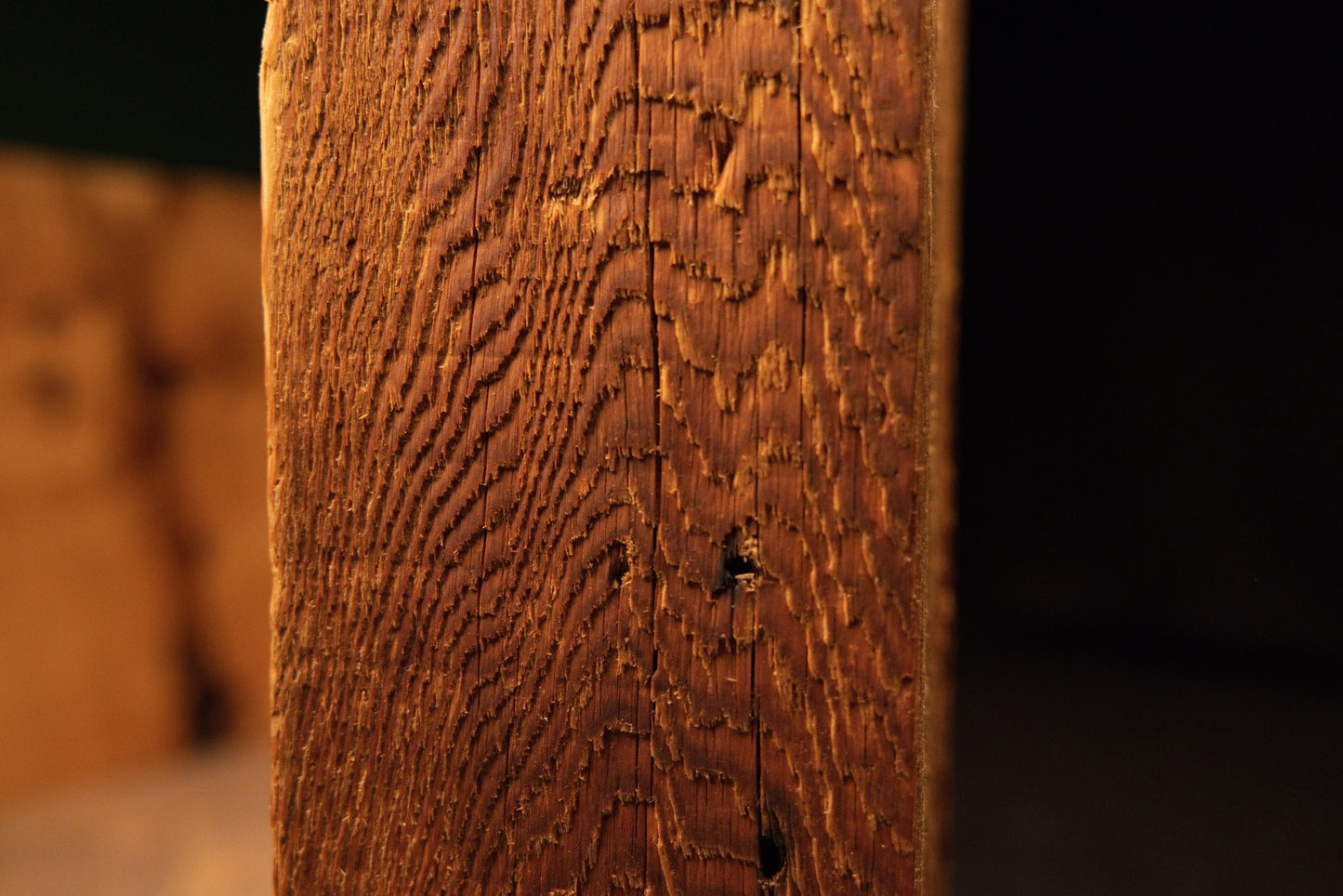 Close-up highlighting authentic rough botanical surface textures and a small dark void on a climate-stable architectural wood. 