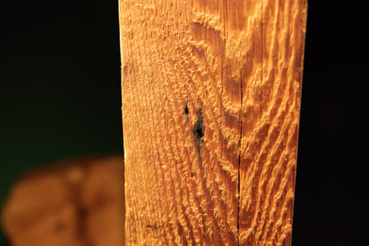 Close detail of an authentic dark knot and deep vertical channeling along the sharp corner of a biophilic architectural centerpiece. 