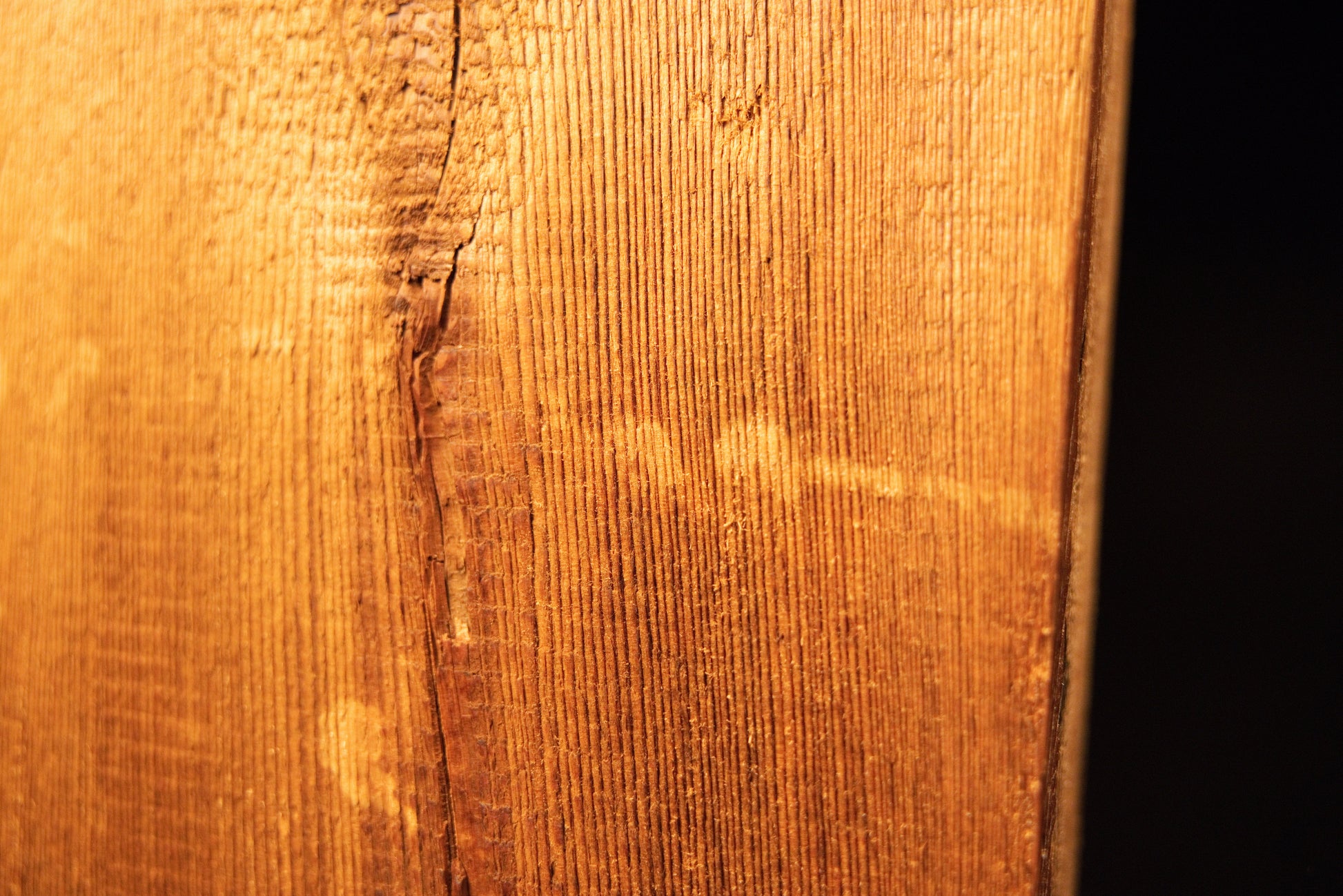 Close-up of a perfectly stabilized horizontal micro-check cutting across straight vertical grain on a floor-heating safe wood beam. 
