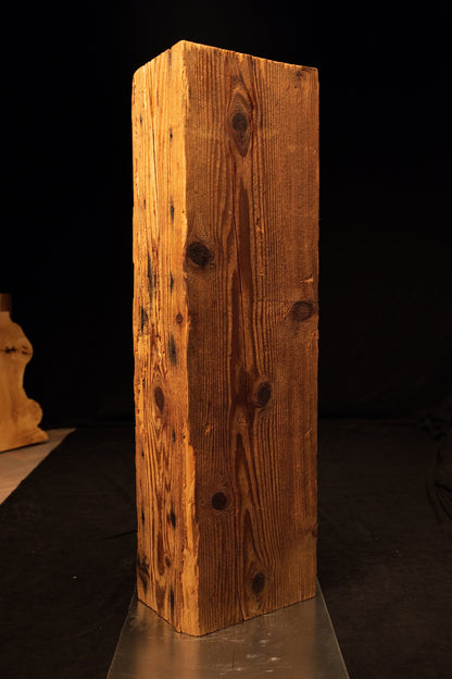 Full vertical profile of a museum-quality biophilic structural centerpiece showing dense wood fibers and small dark knots. 