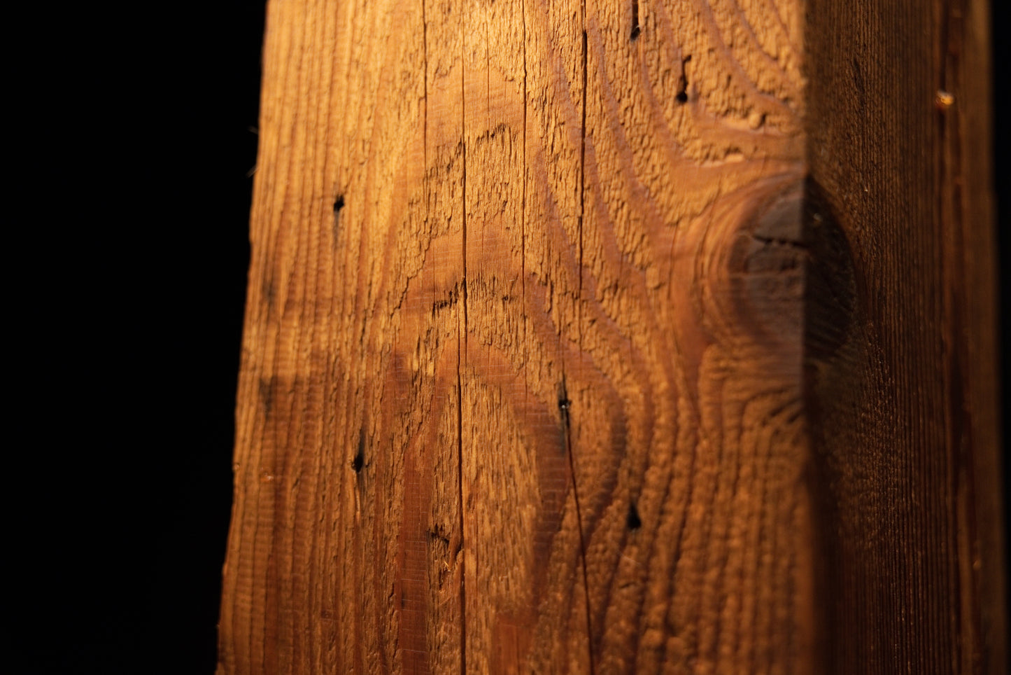 Extreme close-up of a dark joinery void positioned precisely on the vertical corner of a highly stabilized structural log. 