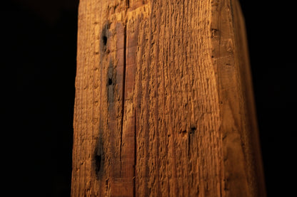 Macro photography of a prominent dark organic knot surrounded by dense vertical grain on a museum-quality biophilic block.  