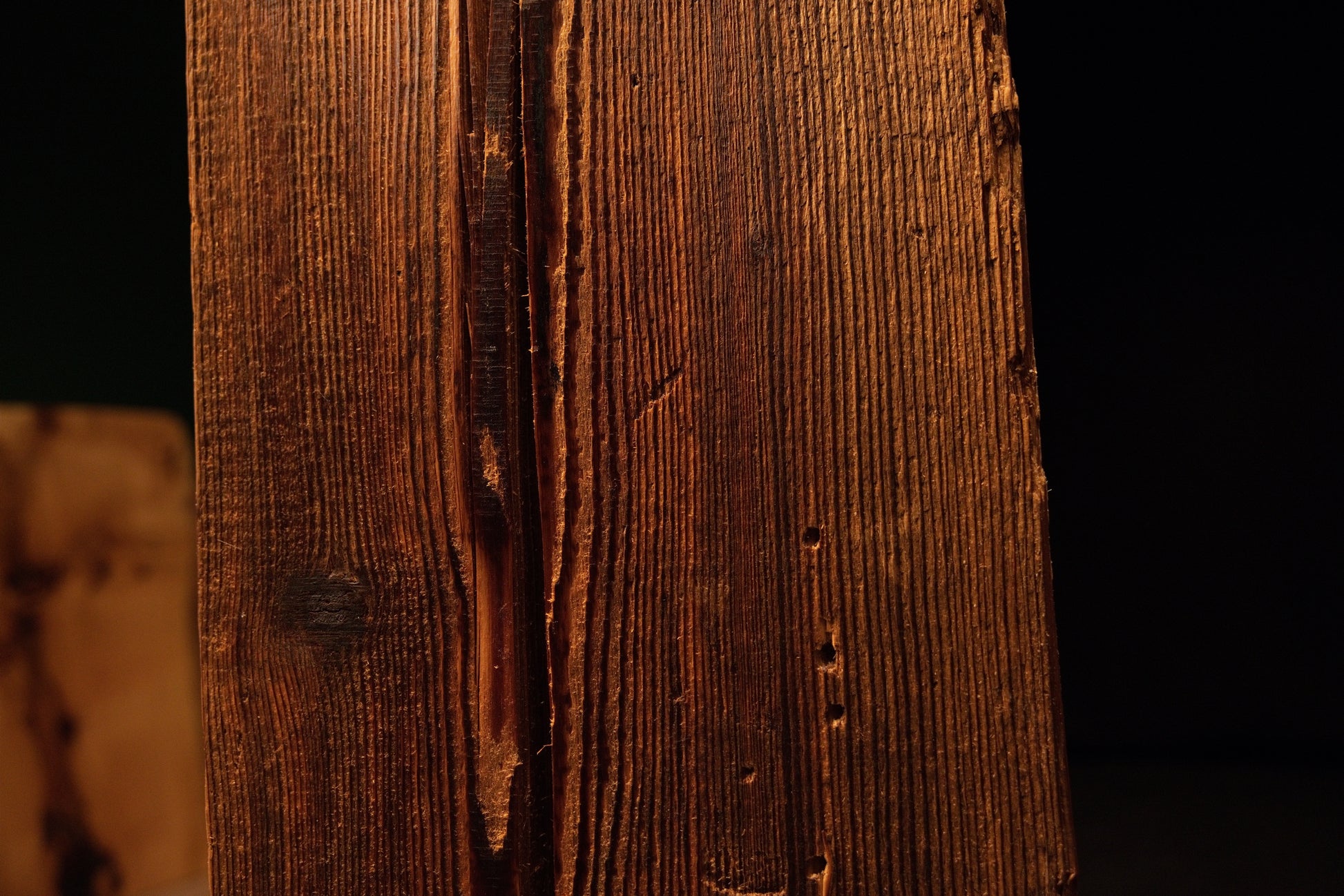 Detailed macro of extremely tight golden vertical fibers showcasing natural chatoyancy on a perfectly preserved wood face.  