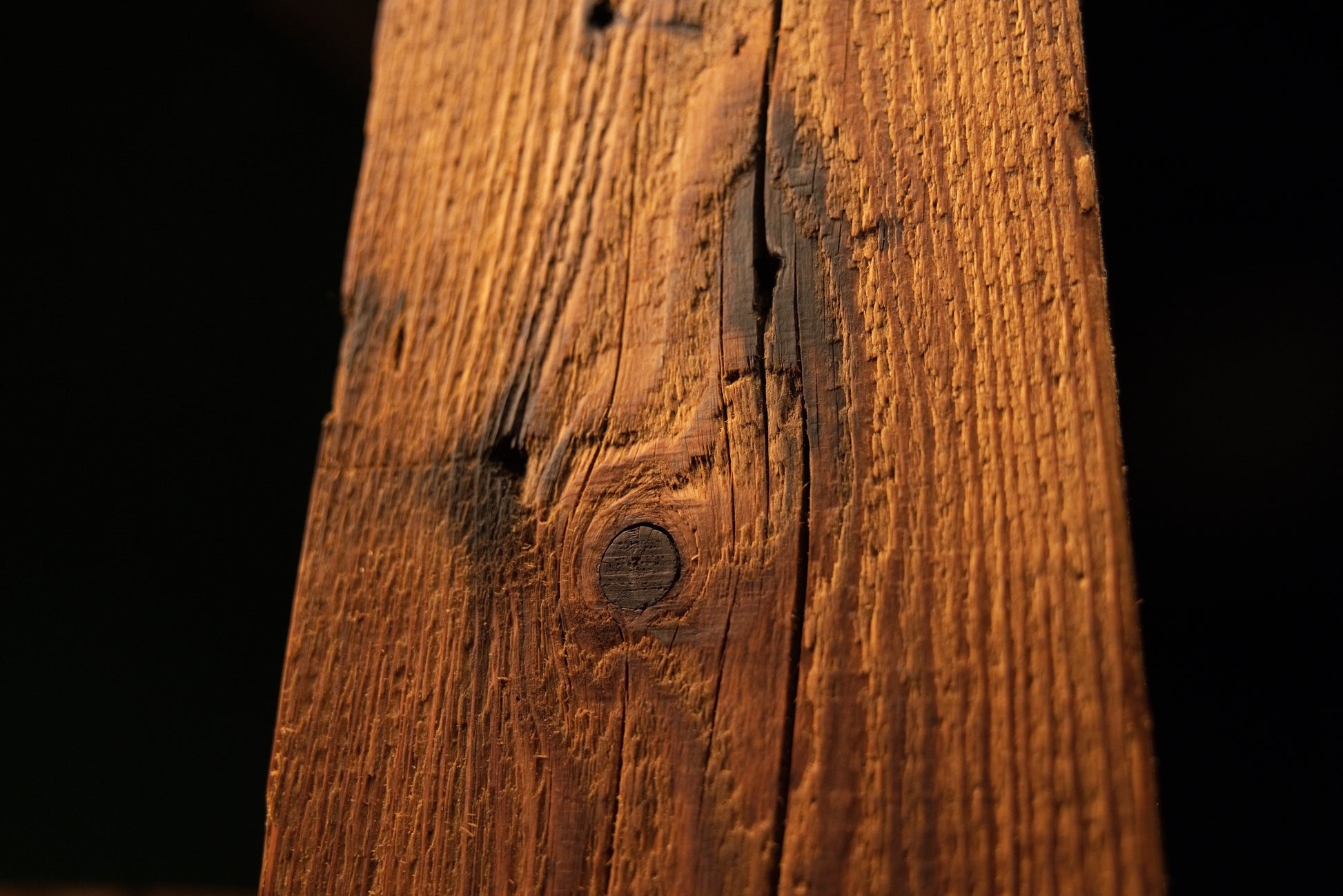 Macro focus highlighting a deep biological knot intersecting a long vertical crack on an epoxy-free commercial interior beam.  