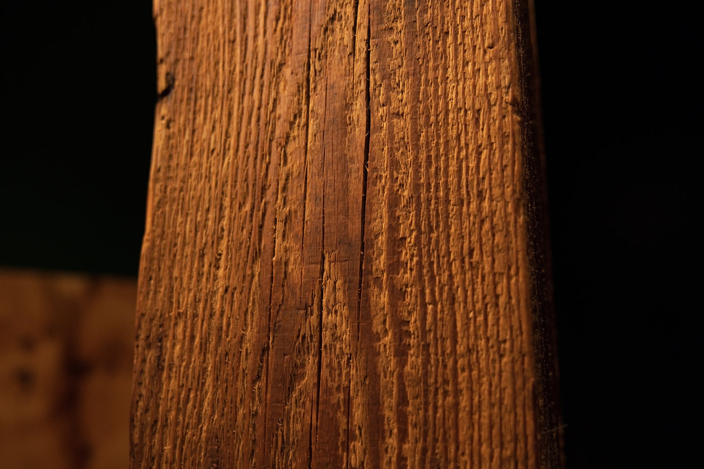 Extreme macro revealing authentic surface scoring and small dark organic knots on a beautifully preserved structural element.  