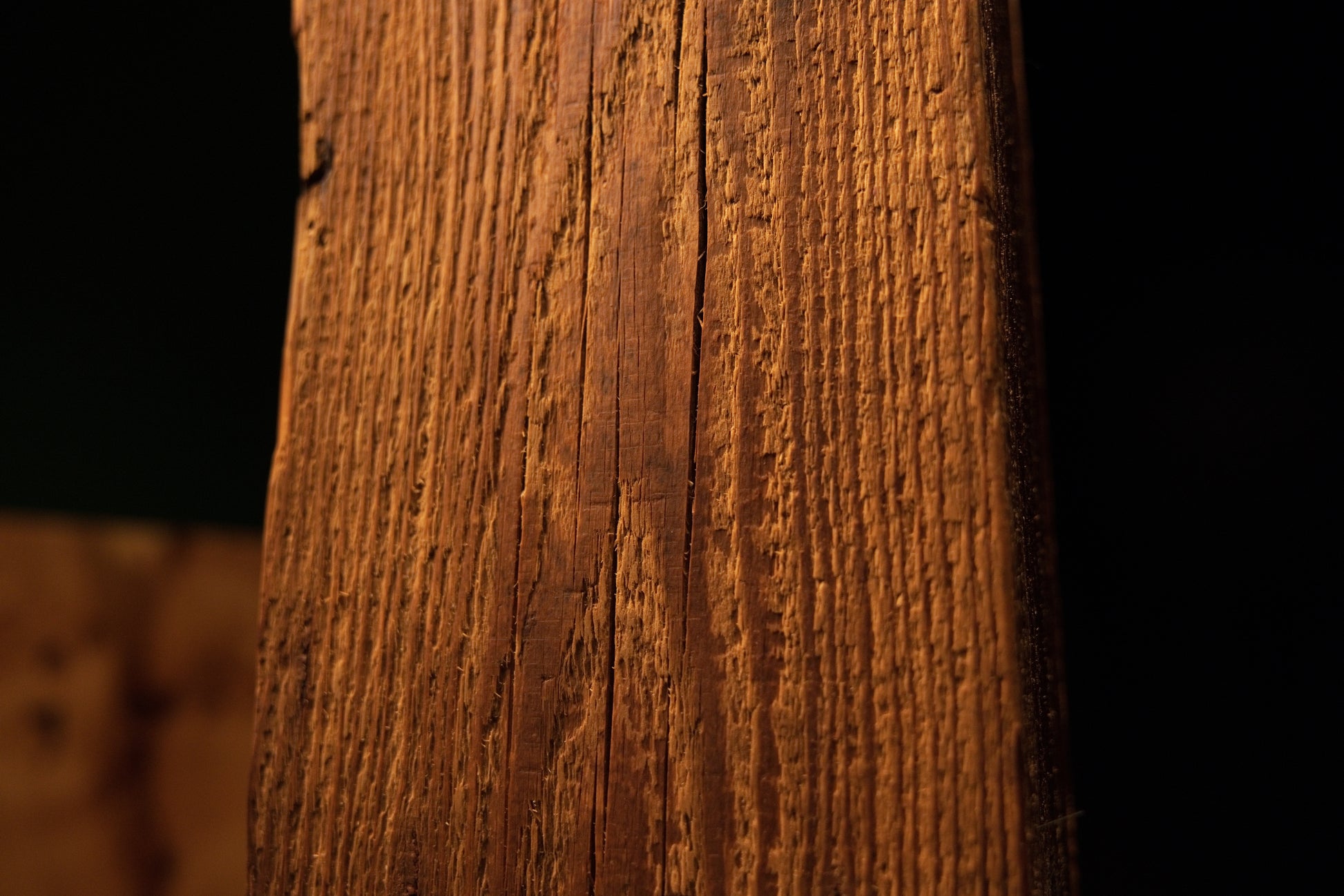 Extreme macro revealing authentic surface scoring and small dark organic knots on a beautifully preserved structural element.  