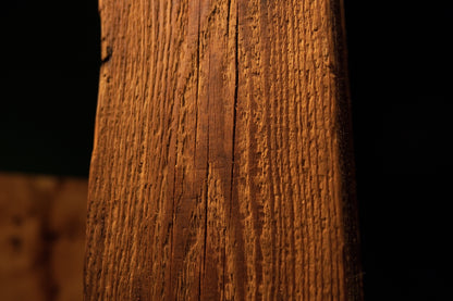 Extreme macro revealing authentic surface scoring and small dark organic knots on a beautifully preserved structural element.  