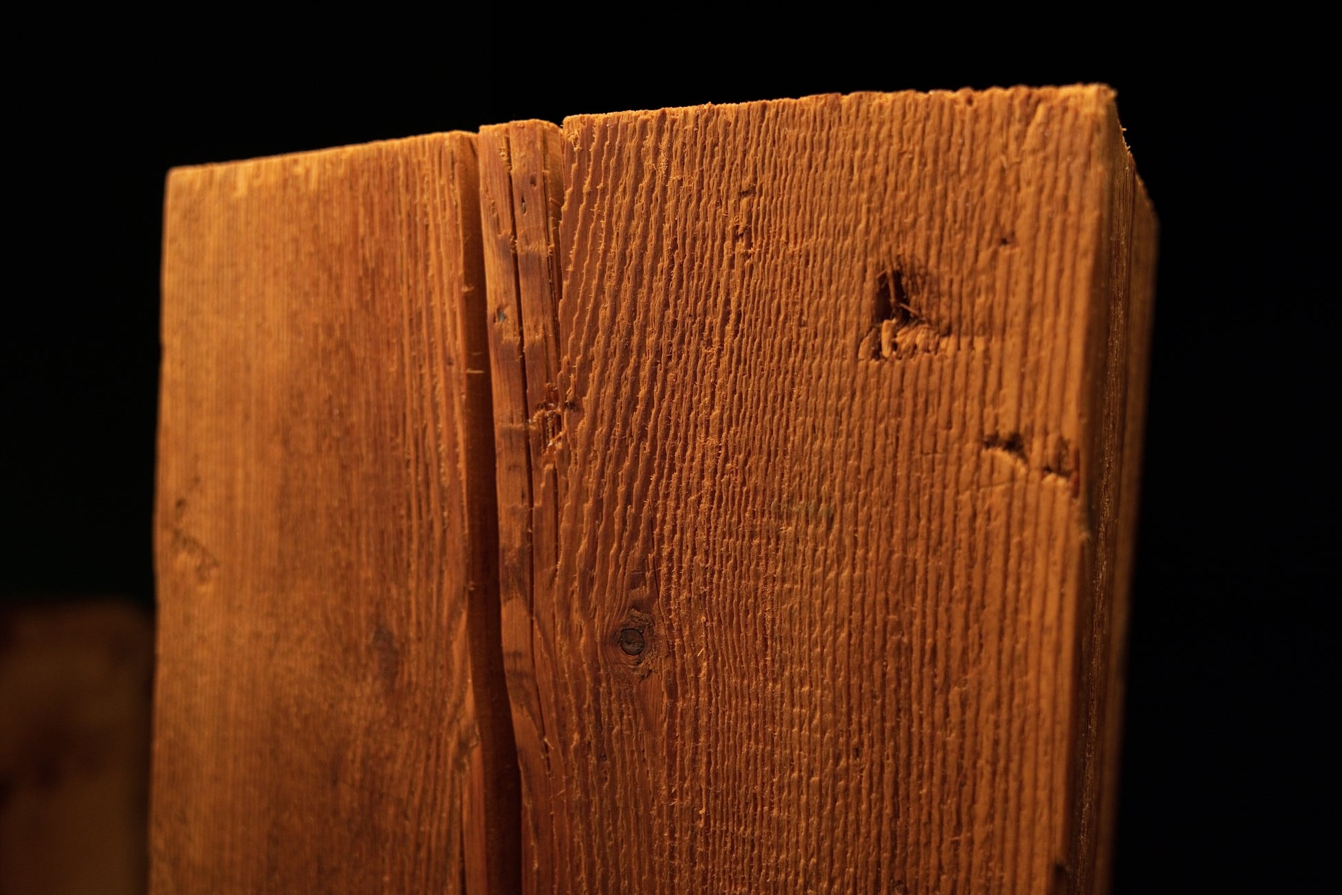 Macro photography of a narrow vertical surface split and a small damaged area on a fully stabilized structural timber slab. 