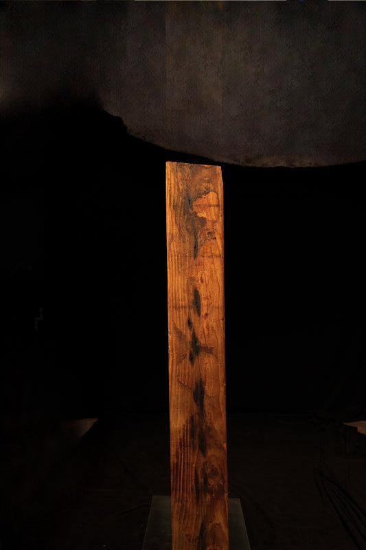 Front perspective of a tall climate-stable architectural wood beam displaying golden vertical grain and dark knot inclusions. 