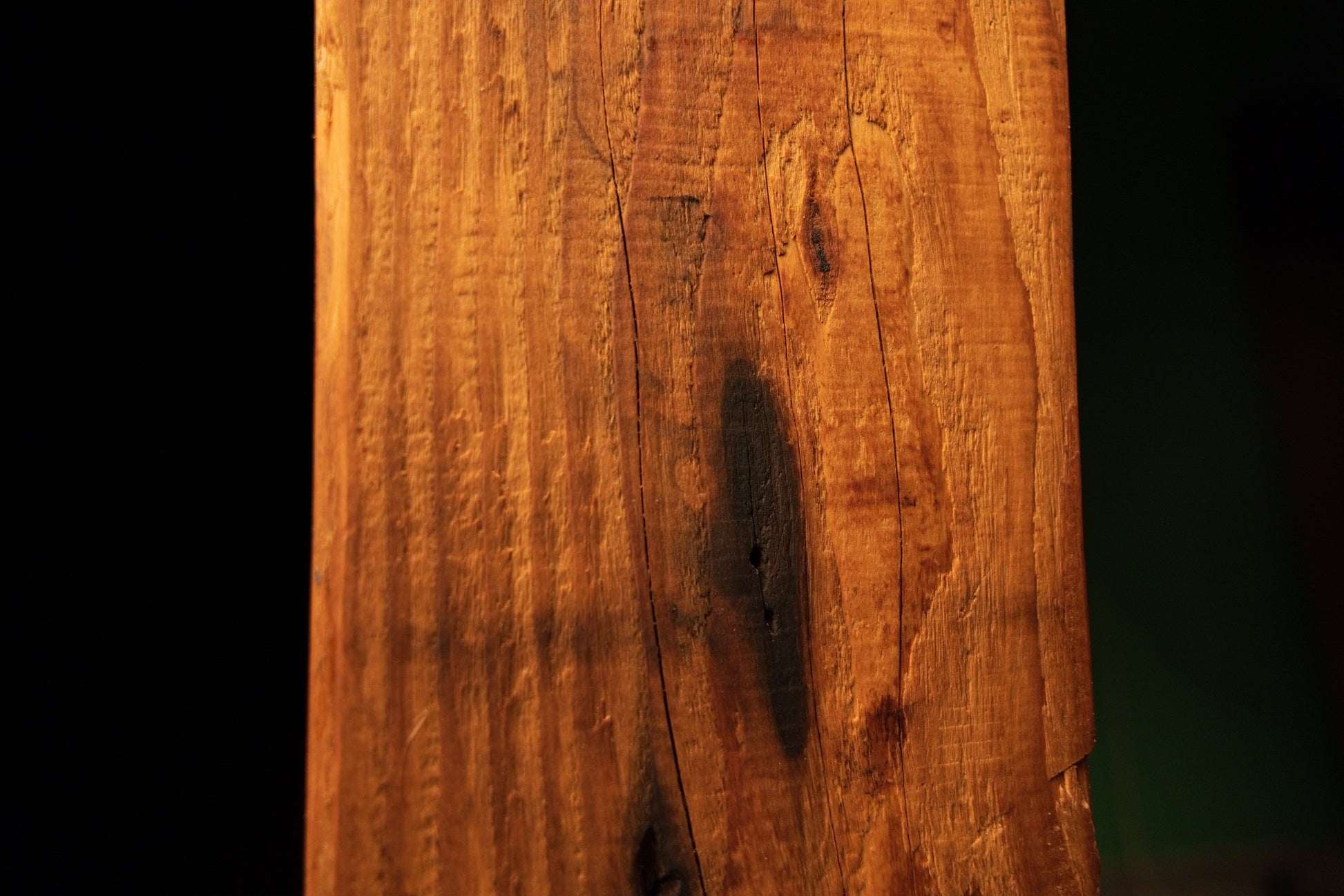 Detailed macro focusing on a deep vertical surface split running through a dark discoloration zone on a structural timber. 