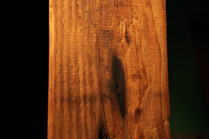 Detailed macro focusing on a deep vertical surface split running through a dark discoloration zone on a structural timber. 