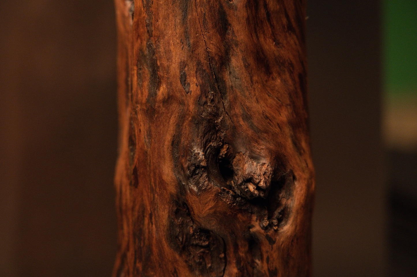 Macro view of the textured woody surface featuring rich amber and dark brown grain patterns around a central knot structure. 