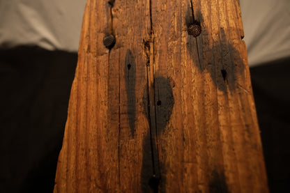 Close-up detail view of a museum-grade biophilic timber element featuring dark oxidation stain patches and pinholes. 