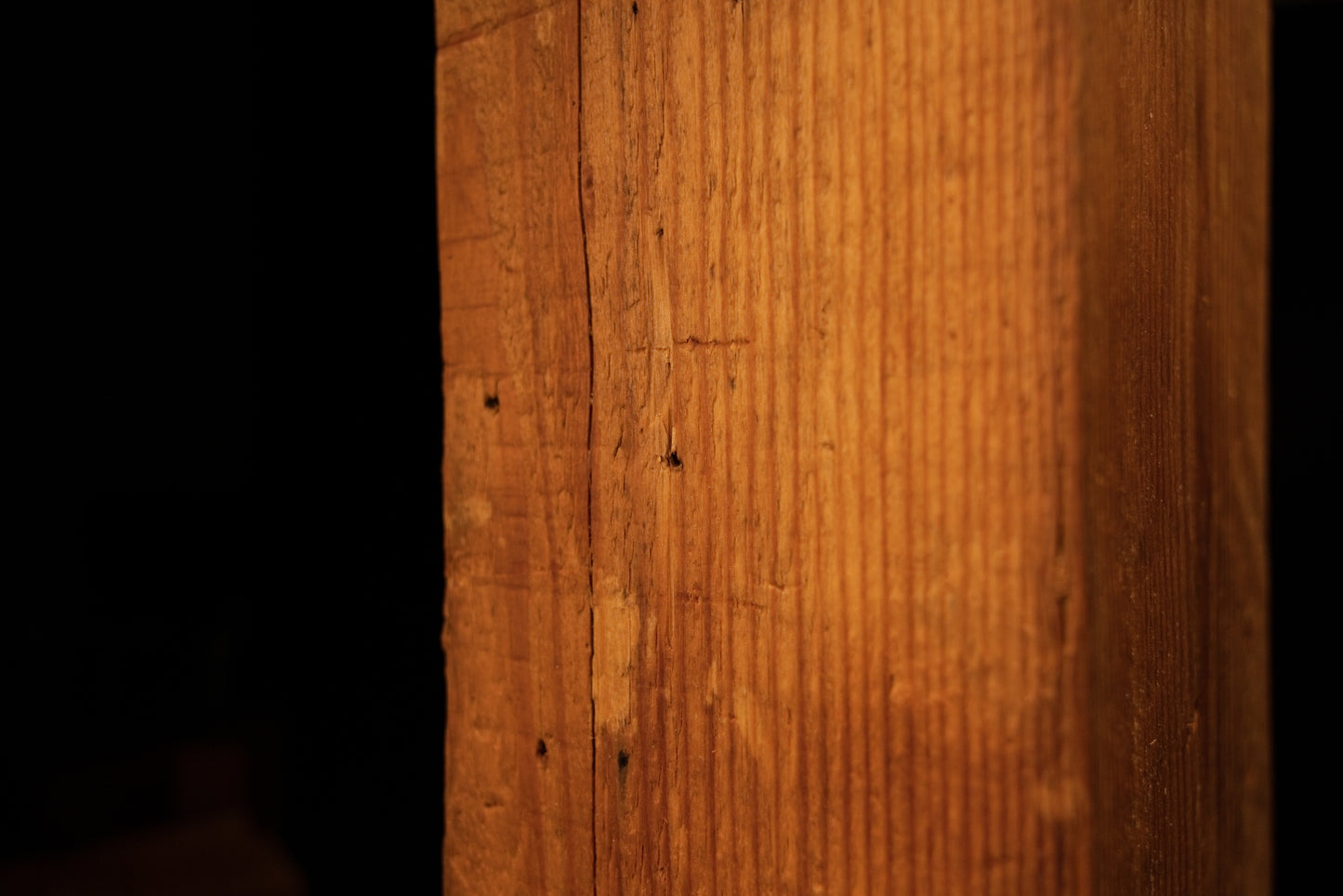 Detailed close-up showing subtle surface scratches and small dark pinholes across the vertical grain of a timber. 
