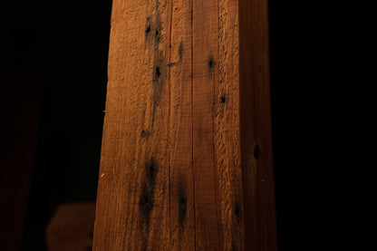 Detailed close view of vertical wood grain embedded with several scattered dark pinholes and subtle surface stains. 