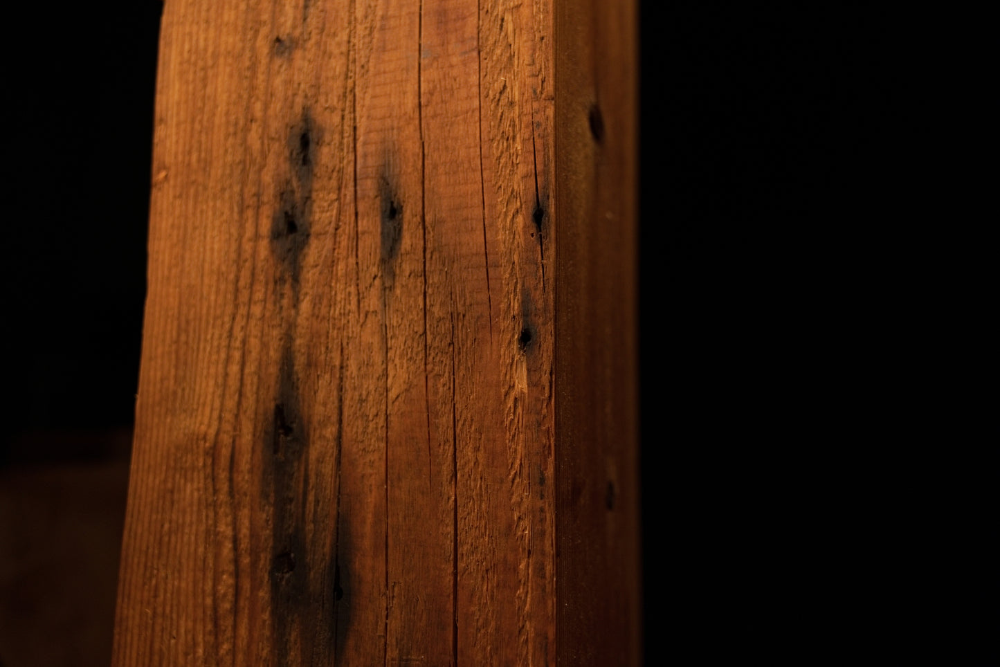 Detailed macro shot highlighting dense vertical wood fibers and scattered dark pinholes on a structural timber post. 