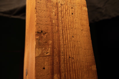 Detailed macro photograph capturing fine linear wood textures and small dark pinholes across a structural timber face. 