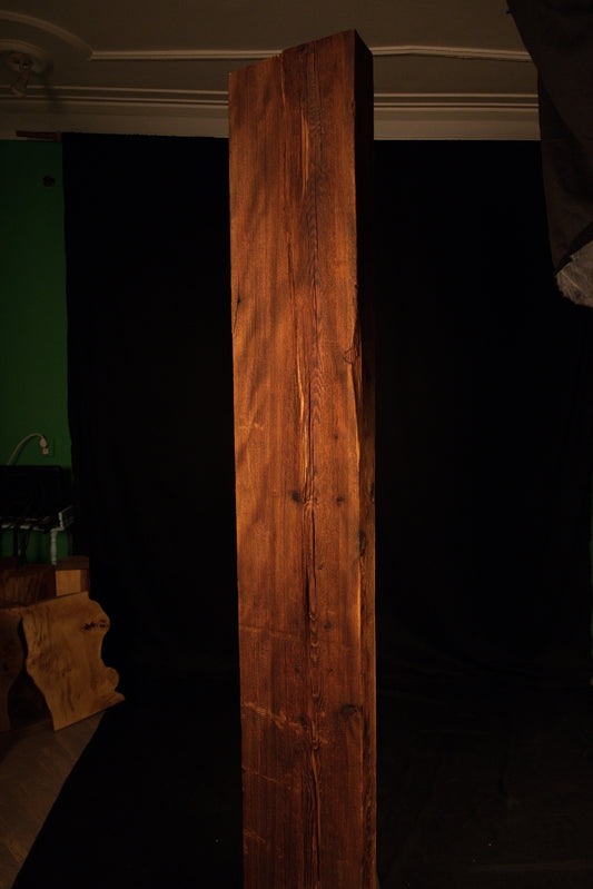 Full standing elevation view of a tall structural timber beam featuring rich amber tones and linear grain against a dark studio. 