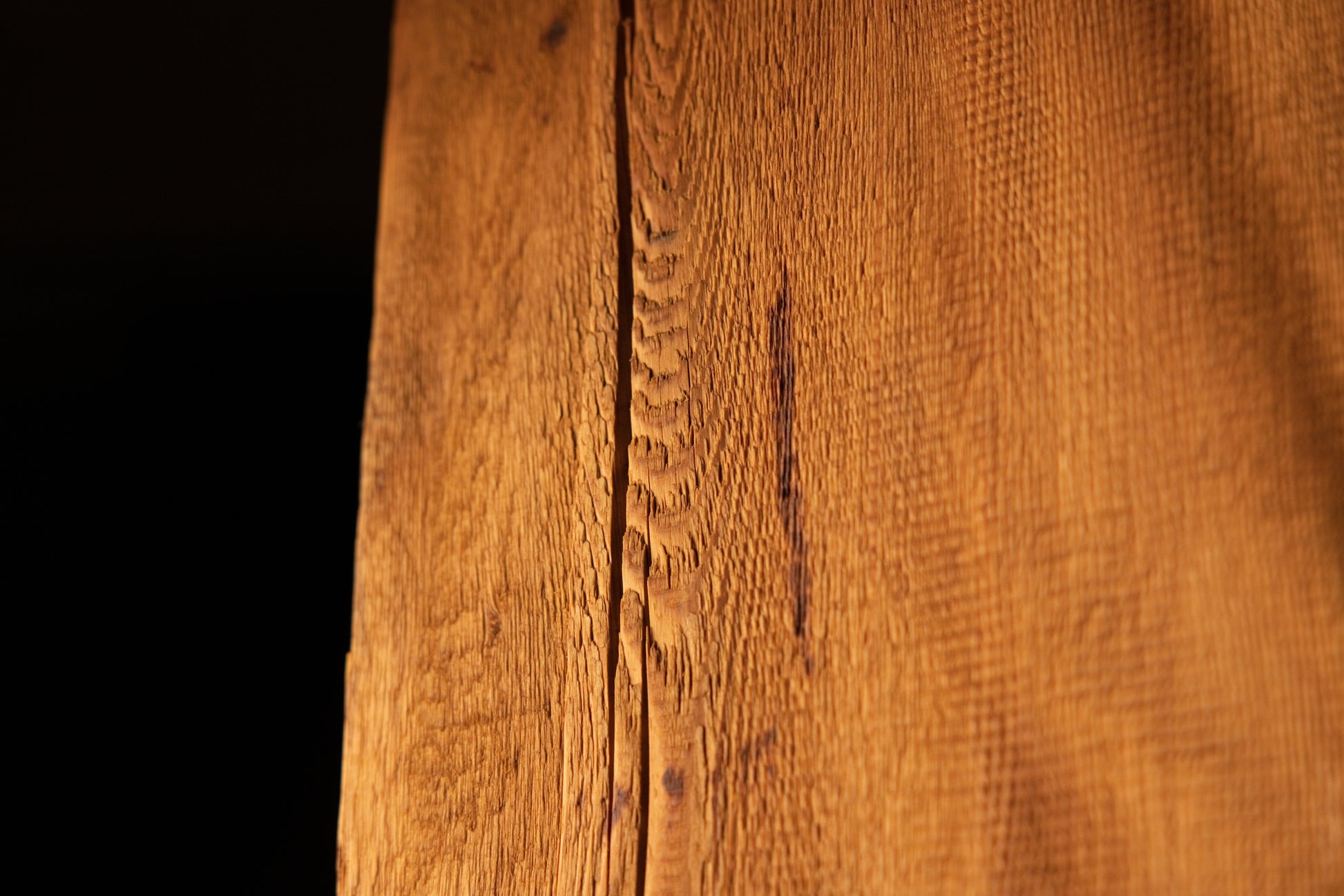 Close-up macro photograph of a narrow vertical surface split intersecting textured linear grain fibers on a timber block. 