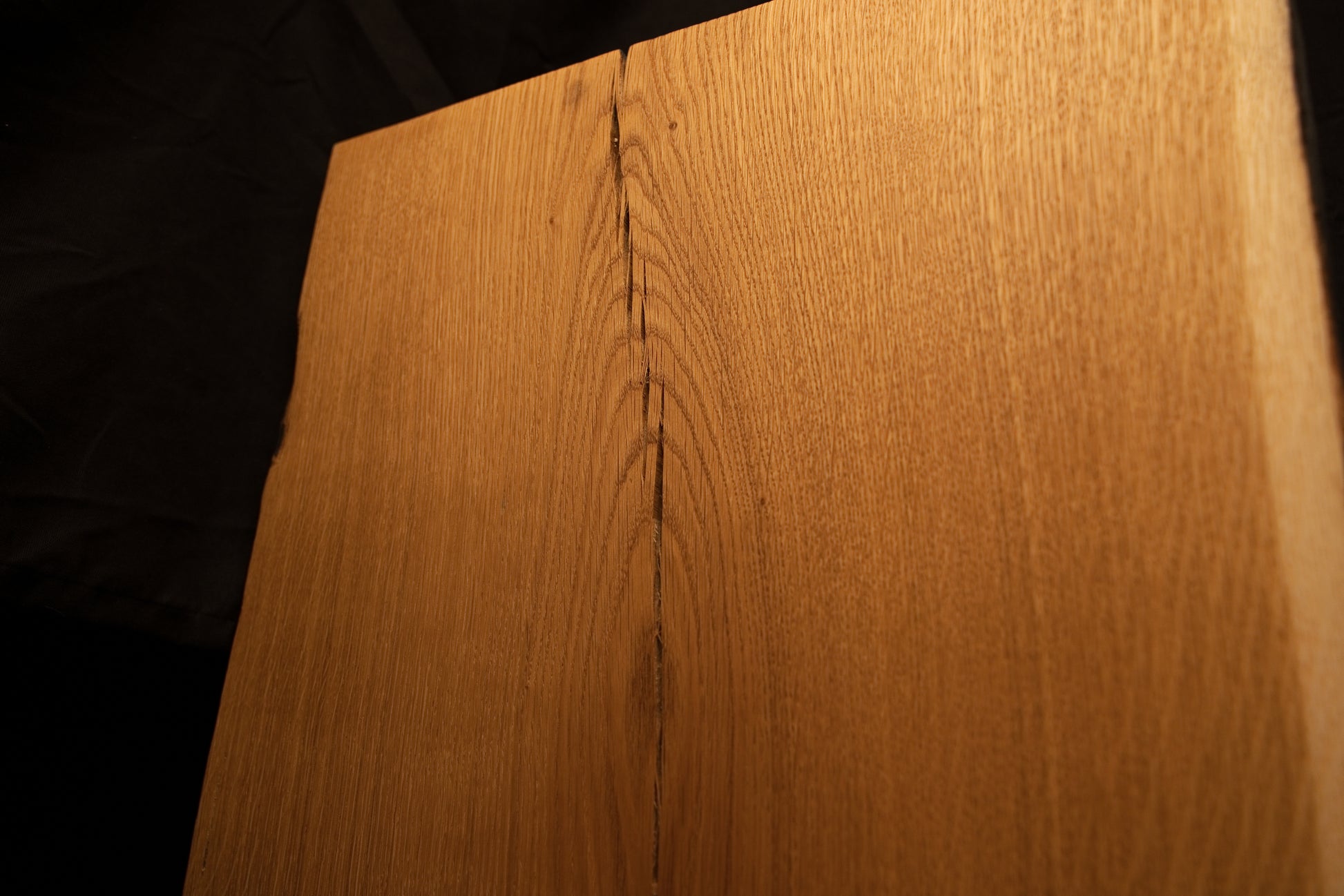 Macro photograph of parabolic cathedral grain loops curving around a tight upper split on the solid oak wooden panel. 