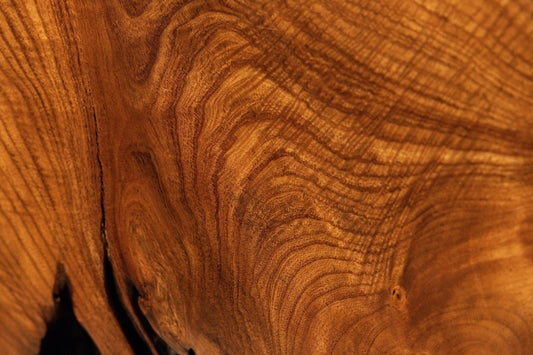 Swirling golden grain tracks curve dynamically around a deep black organic void in the upper corner of the sculpted root.  