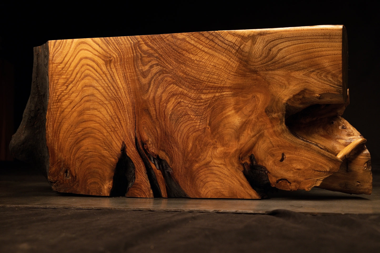 Studio angle capturing the dramatic natural lines, sweeping contours, and rich warm organic color tones of the block.  