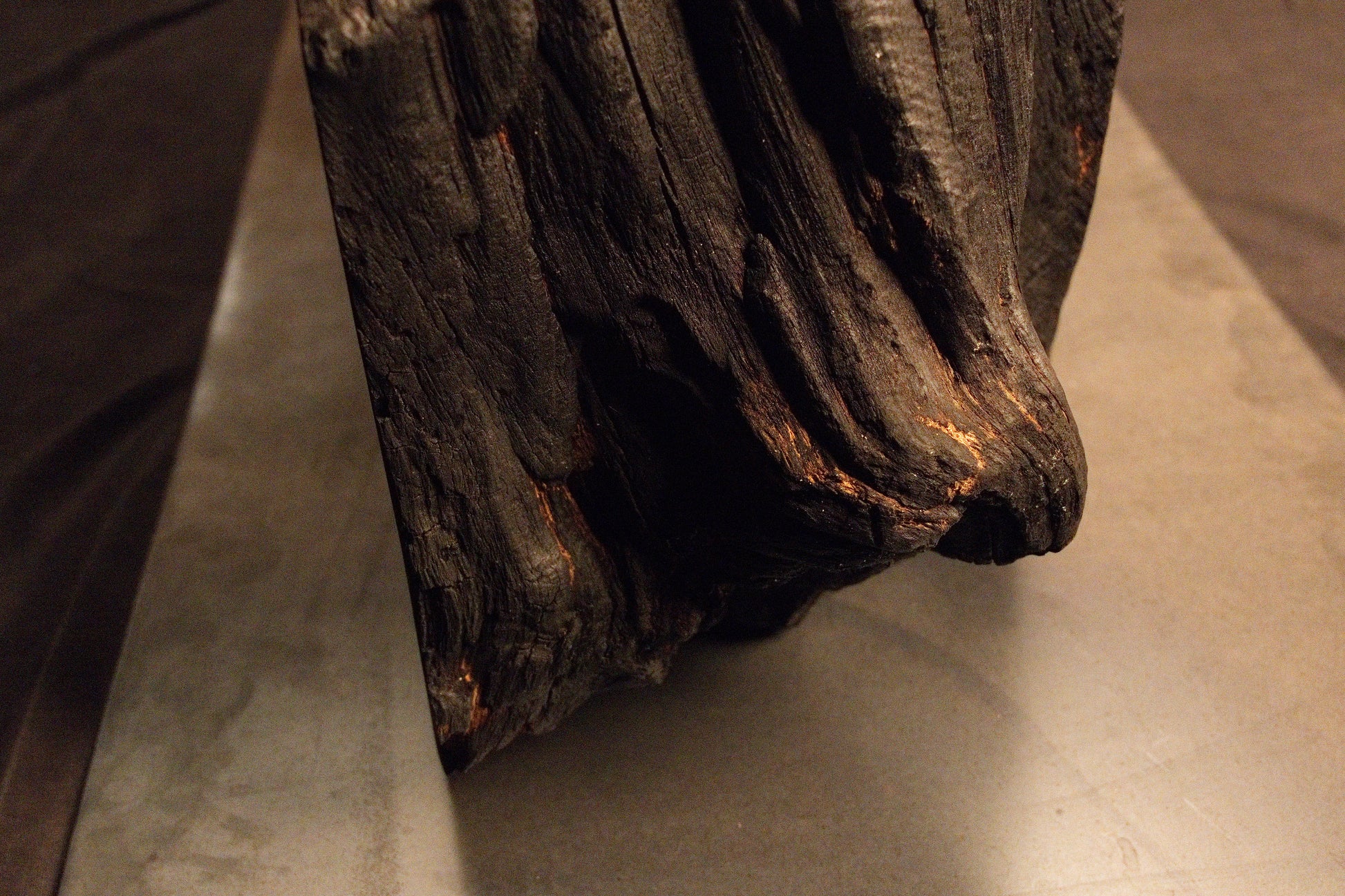 Side perspective of a heavily textured, dark weathered root section resting securely upon a sleek metallic base plate.  