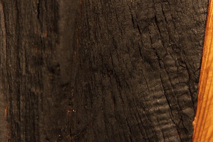 Deeply textured dark organic wood surfaces showcase unique natural carbonized details and weathered timber tones.  