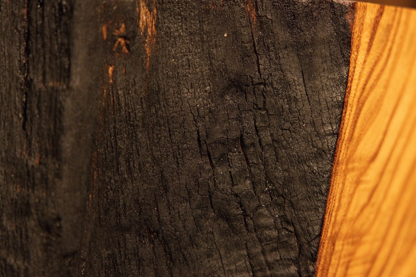 Heavily checked dark rustic wood contrasts sharply against a sweeping band of smooth, polished golden grain lines.  