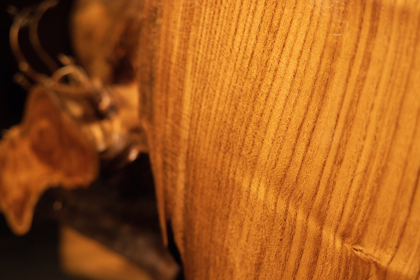 Smooth golden wood fibers transition gracefully into a dark organic knot structure on the custom structural sculpture.  